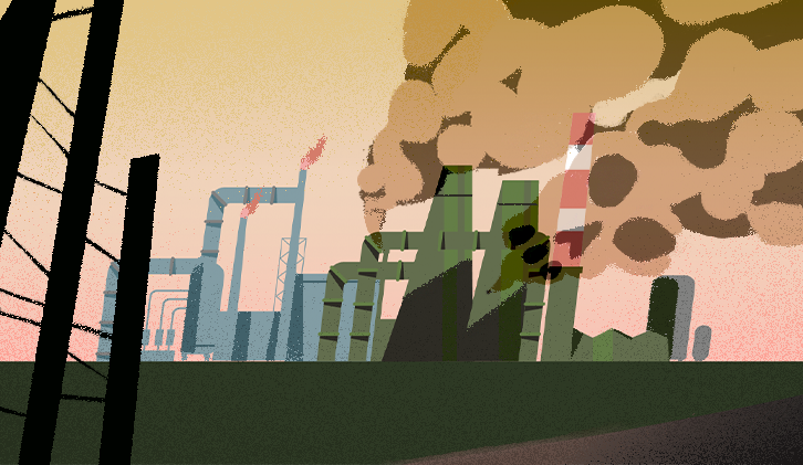 illustration Paysage industriel et pollution sous ciel orangé