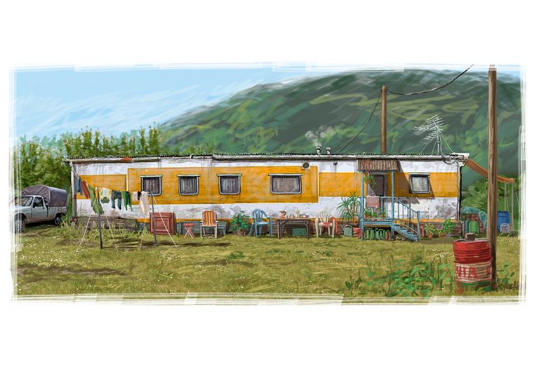 "Les 7 Vies de Léa" / décor extérieur mobilhome - maïté goblet - illustrateurs/rices
